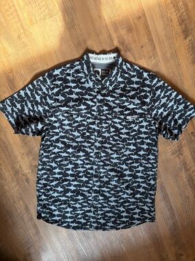 Salty Crew Black & White Shark-Print Short Sleeve Button-Up